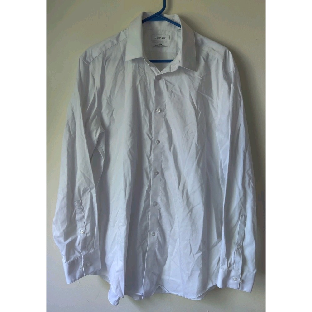 CALVIN KLEIN‎ STEEL + SLIM HERRINGBONE BUTTON DOWN 16 1/2 32/33 White *See Desc*